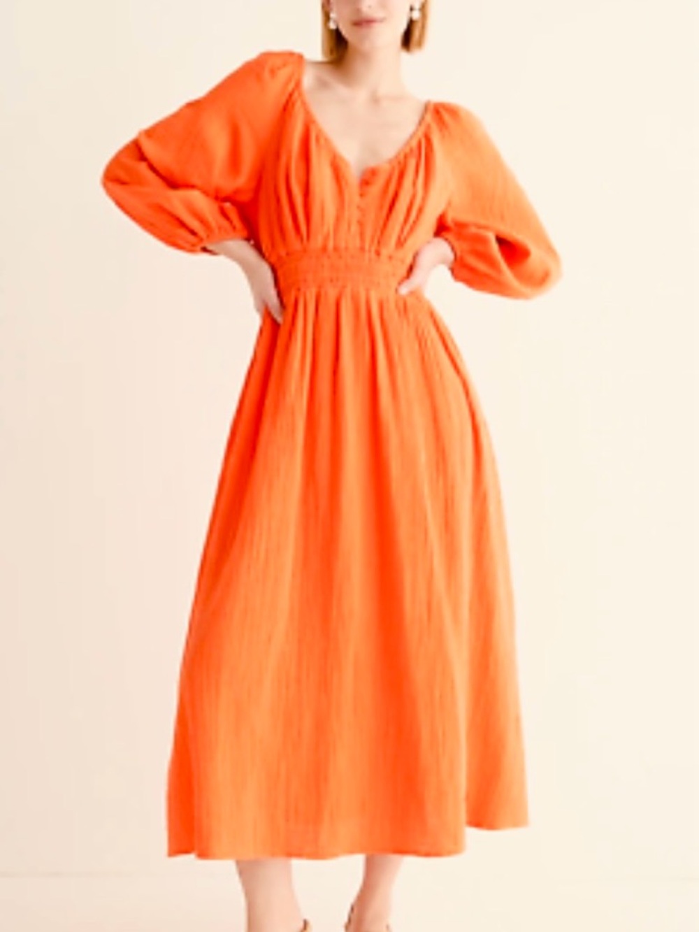 J. Crew Bright Orange Smocked-Waist 💯 Cotton Midi Dress NWOT - Picture 6 of 8